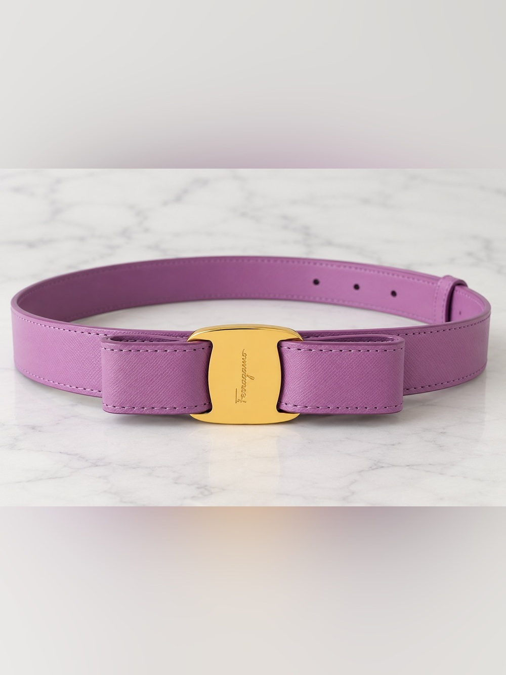 Salvatore Ferragamo Purple Leather Belt with Gold Vara Buckle